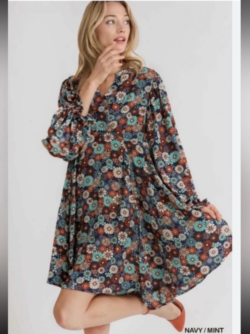 Umgee Women’s Navy Mint Floral Copper Thread Long Sleeve Boho Babydoll Dress S